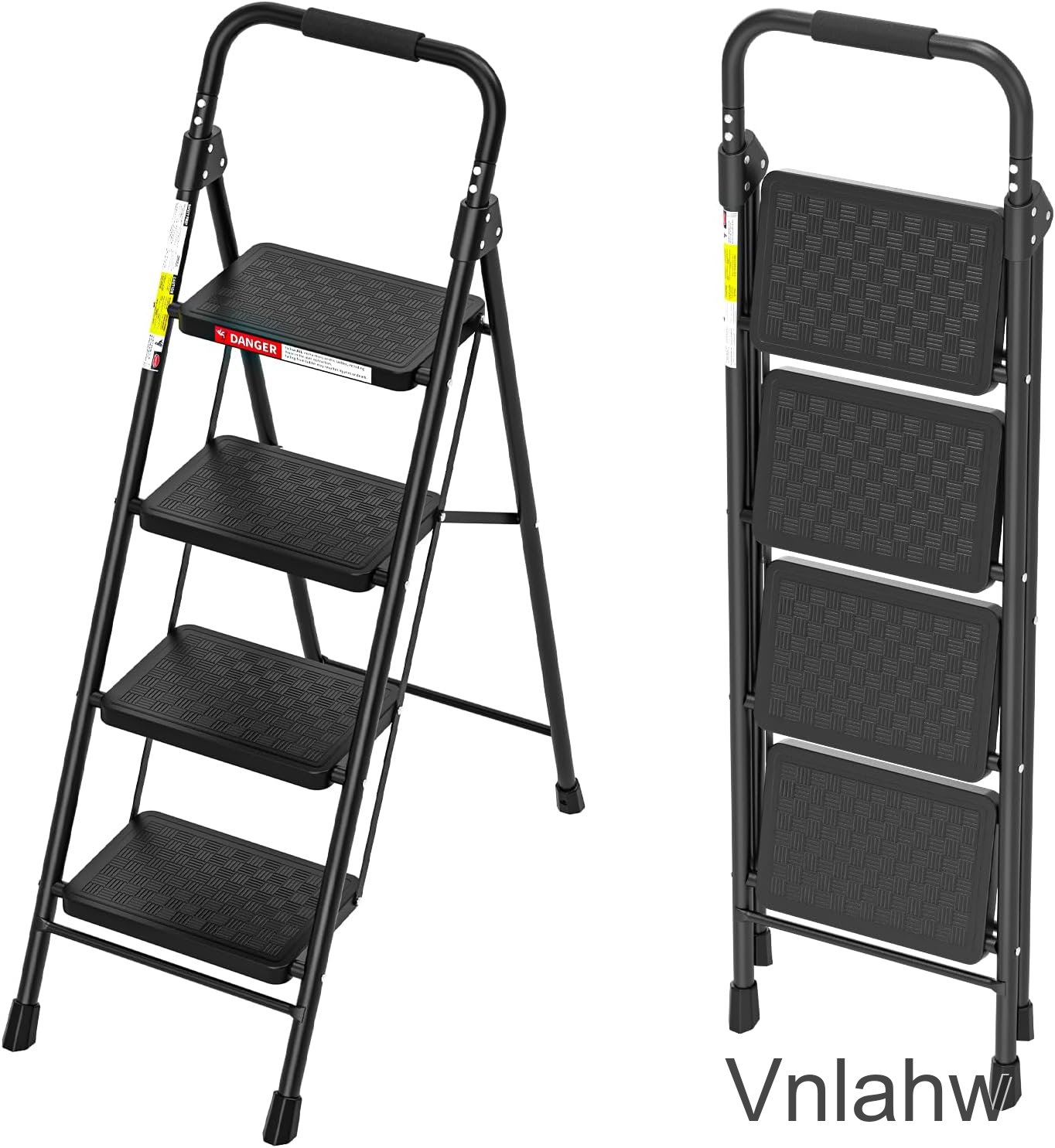Vnlahw 4 Step Ladder with Wide Anti-Slip Pedal and Cushioned Handle | Step Stool Foldable with 330 lbs Capacity for Home and Kitchen, Black